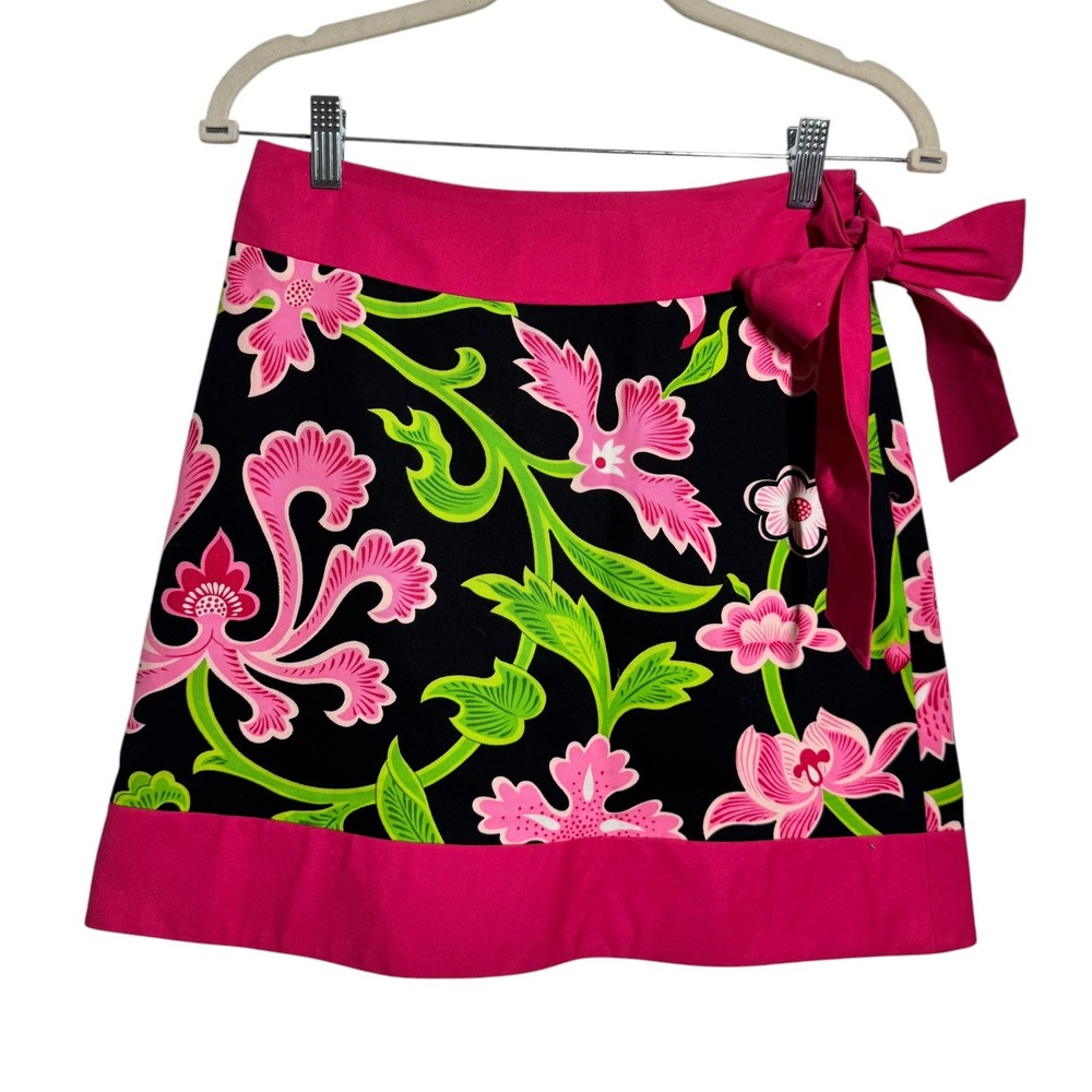 CK Bradley New York Floral Wrap Mini Skirt Pink Black Cotton Silk Lined Sz 4 USA